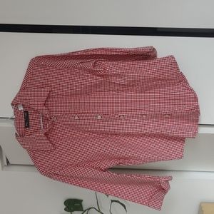 Red and white gingham button down shirt